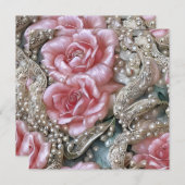 Vintage Perlen und rosa Rosenmuster Einladung (Vorne/Hinten)