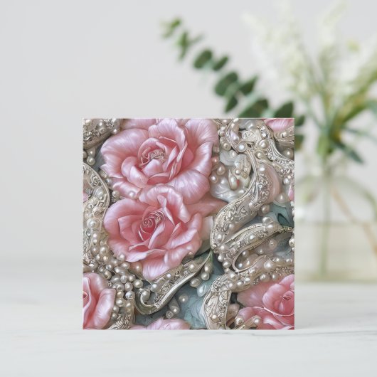 Vintage Perlen und rosa Rosenmuster Einladung (Stehend Vorderseite)