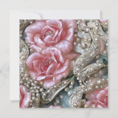 Vintage Perlen und rosa Rosenmuster Einladung (Rückseite)