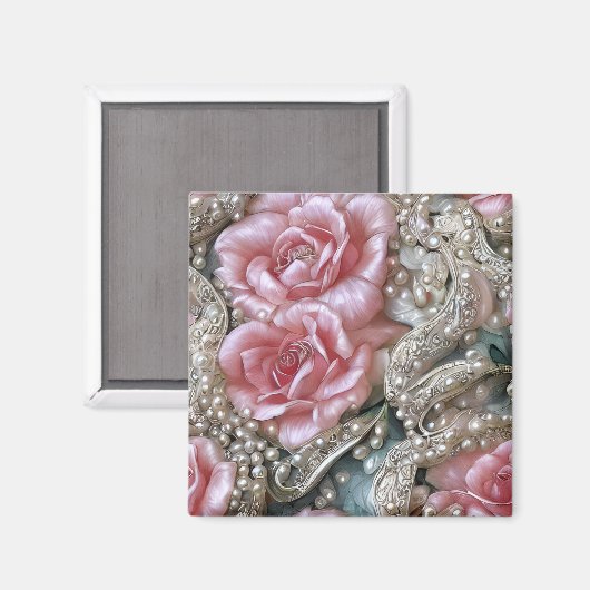 Vintage Perlen und rosa Rosenmuster Magnet (Vorderseite/Rückseite)