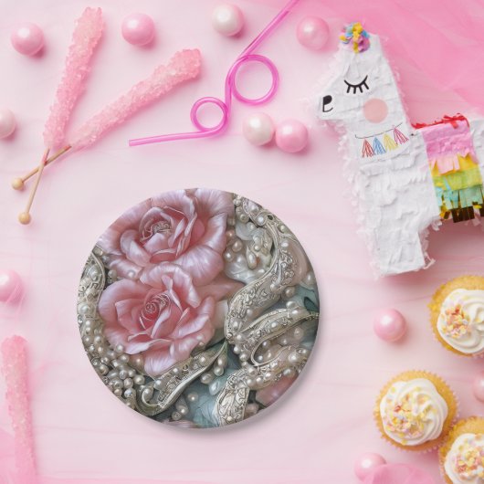 Vintage Perlen und rosa Rosenmuster Pappteller (Party)