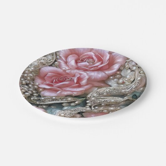 Vintage Perlen und rosa Rosenmuster Pappteller (Schrägansicht)