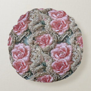 Vintage Perlen und rosa Rosenmuster Rundes Kissen