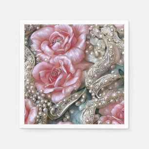 Vintage Perlen und rosa Rosenmuster Serviette