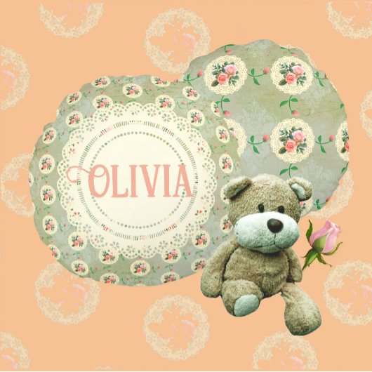 Vintage Personalisierte Rose Doily Green Damask Rundes Kissen