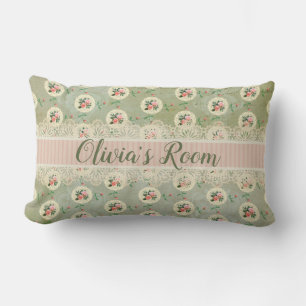 Vintage personalisierte Rosen-Doily Grün Damast Lendenkissen