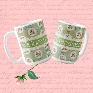 Vintage personalisierte Rosen-Doily verblasstes gr Kaffeetasse