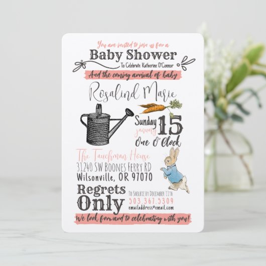 Vintage Peter Rabbit Kinderdusche Einladung - Rosa (Stehend Vorderseite)