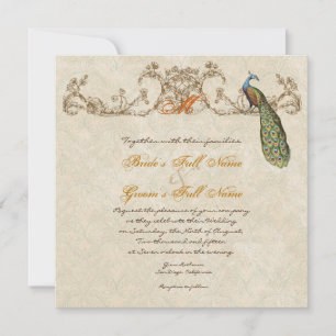 Vintage Pfau & Ätzungen Hochzeit in verbranntem Or Einladung