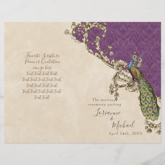 Vintage Pfau & Ätzungen Hochzeitsprogramm (Vorderseite)