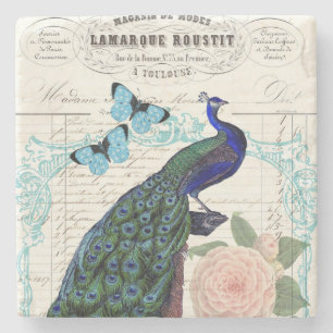 Vintage Pfau auf französischer Ephemera-Collage Steinuntersetzer