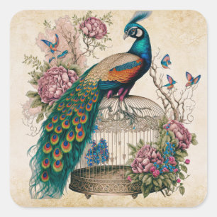 Vintage Pfau auf Vogelkäfig viktorianisch Quadratischer Aufkleber