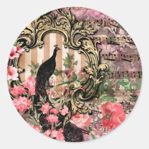 Vintage-Pfau-Blumen-Musiknoten-Rosa und Gold Runder Aufkleber