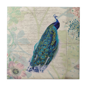 Vintage Pfau, Blumen und Schmetterling Fliese