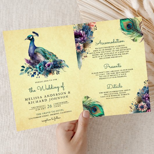Vintage-Pfau-Blumenfeder-QR-Code-Hochzeit Einladung