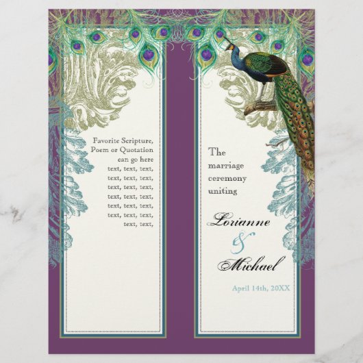 Vintage Pfau, Federn - Hochzeitsprogramm (Vorderseite)