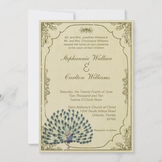 Vintage Pfau-Hochzeits-Einladung Einladung (Vorderseite)