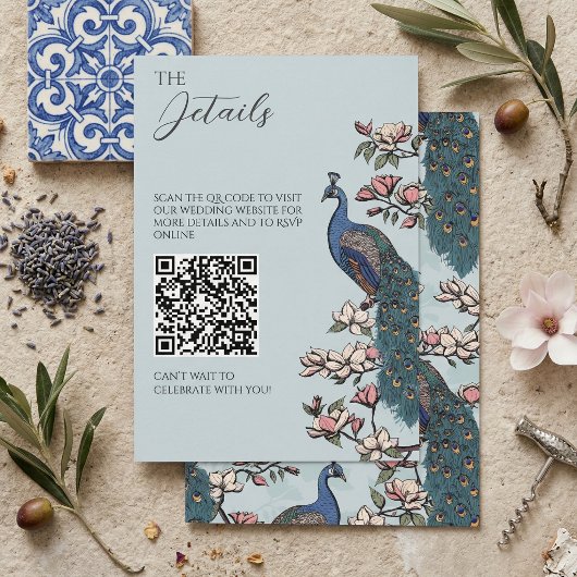 Vintage-Pfau-Hochzeitsdetails QR-Code Begleitkarte