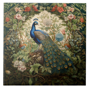 Vintage Pfau in einem William-Morris-Garten Fliese