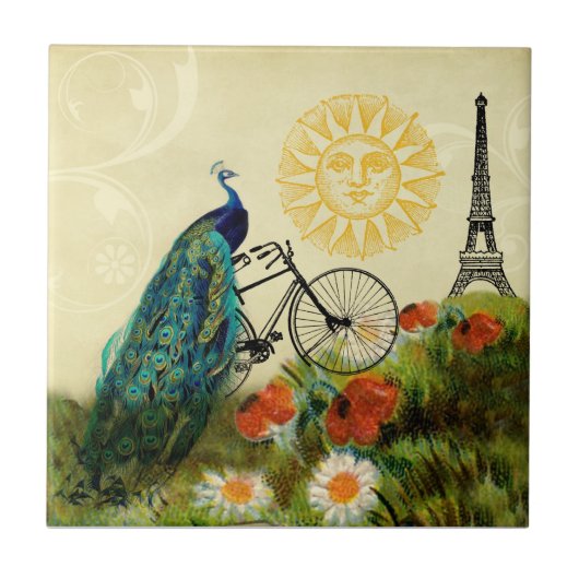Vintage Pfau-Kunst mit Eiffel-Turm Fliese (Vorderseite)
