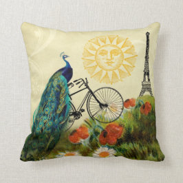 Vintage Pfau-Kunst mit Eiffel-Turm Kissen