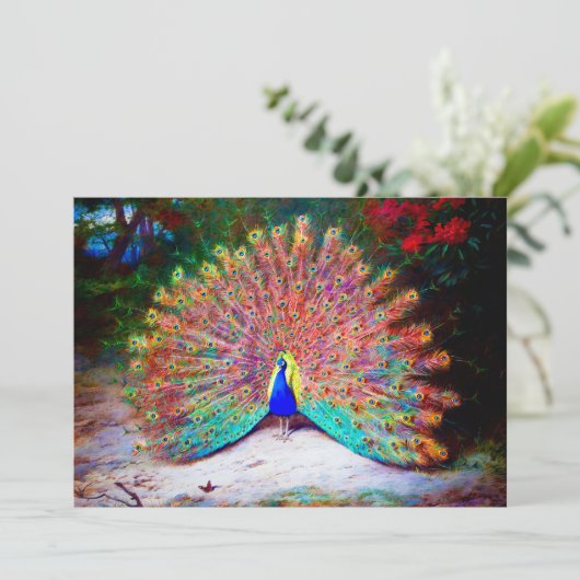 Vintage Pfau-Malerei Einladung (Stehend Vorderseite)
