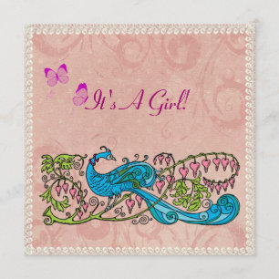 Vintage-Pfau-Spitzendesign Rosa Babyparty Einladung