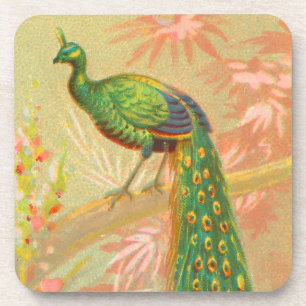 Vintage Pfau- und Blume-Malerei Getränkeuntersetzer