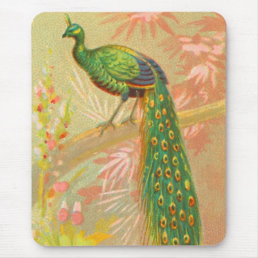 Vintage Pfau- und Blume-Malerei Mousepad (Vorne)