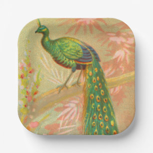Vintage Pfau- und Blume-Malerei Pappteller