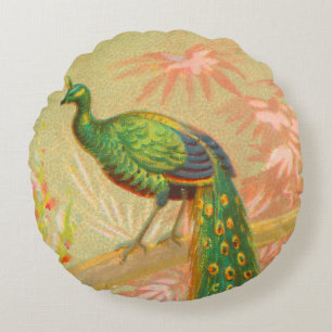 Vintage Pfau- und Blume-Malerei Rundes Kissen