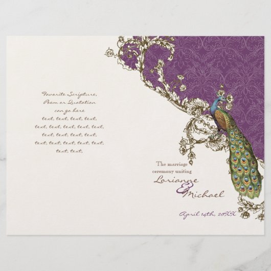 Vintage Pfau- und Gravur-Hochzeitsprogramm (Vorderseite)