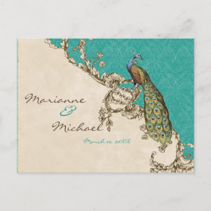 Vintage-Pfau- und Gravur-RSVP-Antwort-Postkarte Einladungspostkarte