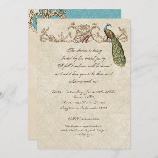 Vintage Pfau- und Hochzeitsfeiern Einladung (Vorne/Hinten)