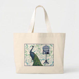 Vintage Pfau und Käfig Jumbo Stoffbeutel