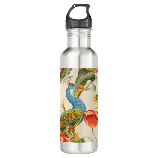 Vintage Pfau- und Mohndarstellungen Edelstahlflasche (Vorderseite)
