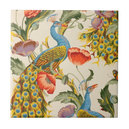 Vintage Pfau- und Mohndarstellungen Fliese (Vorderseite)