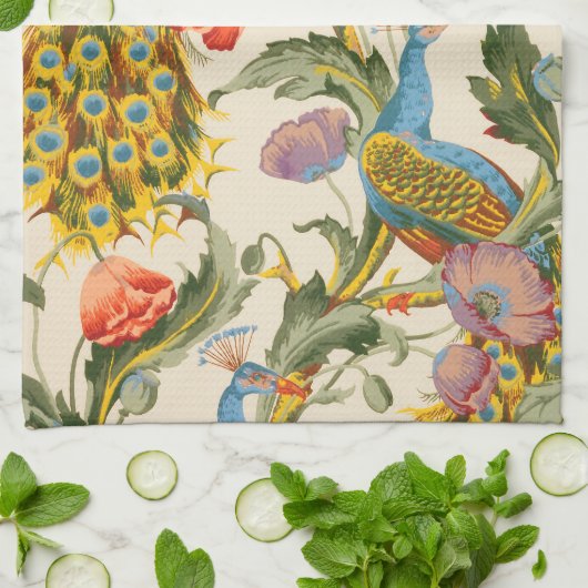 Vintage Pfau- und Mohndarstellungen Geschirrtuch (Gefaltet)