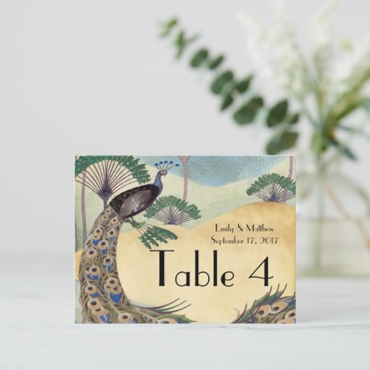 Vintage Pfau- und Palmbaumhochzettel Postkarte (Stehend Vorderseite)