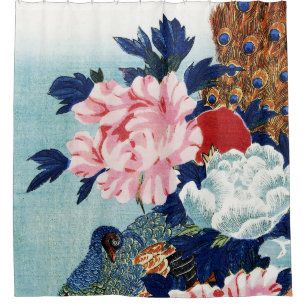 Vintage-Pfau- und Pfingstrosen-Blumenmalerei Duschvorhang
