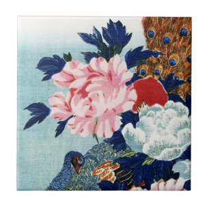 Vintage Pfau- und Pfingstrosen-Blumenmalerei Fliese