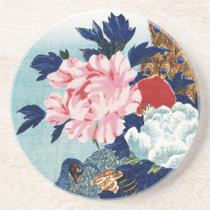 Vintage-Pfau- und Pfingstrosen-Blumenmalerei Getränkeuntersetzer