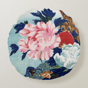 Vintage Pfau- und Pfingstrosen-Blumenmalerei Rundes Kissen