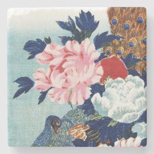 Vintage-Pfau- und Pfingstrosen-Blumenmalerei Steinuntersetzer