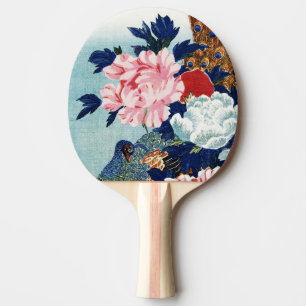 Vintage Pfau und Pfingstrosen Blumenmalerei Tischtennis Schläger