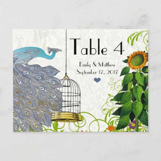 Vintage Pfau- und Vogelkäfig-Hochzeitkarte Postkarte (Vorderseite)