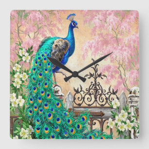 Vintage Pfau-Wand-Uhr Quadratische Wanduhr