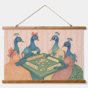 Vintage-Pfauen beim Mahjong-Spielen Wandteppich Mit Holzrahmen
