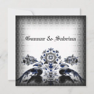 Vintage Pfauen & Florale Blaue Goth-Hochzeit Einladung