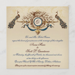 Vintage Pfauen-Hochzeitseinladung Leinen Quadrat # Einladung
